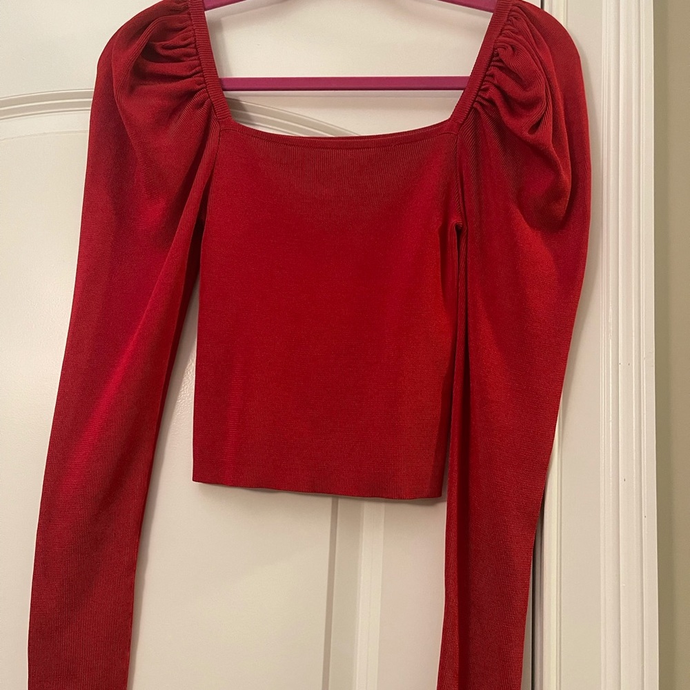 Ballon sleeve red sweater blouse with square neckline!